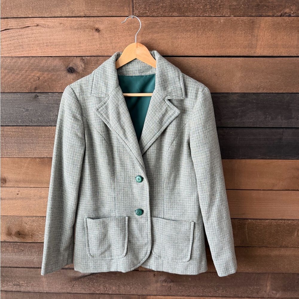 Vintage Blazer and Reversible Vest Set Green Textured Weave - Picture 3 of 15